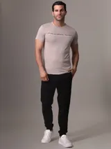 Remera color gris topo de manga corta y cuello redondo, con logo "Calvin Klein Jeans" estampado en plateado en el pecho.