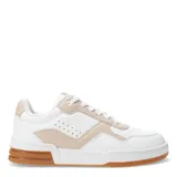 Deportivo blanco con cordones y suela de goma, diseño clásico y moderno.