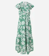 Vestido midi de viscolino con estampado de flores blancas y rayas verticales verdes. Tiene escote en V, mangas cortas amplias y cintura elástica.