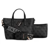Set de cartera Guess Latona II con estampado de logos en negro y gris. Incluye una cartera tote con doble asa de mano y correa bandolera con logo, un monedero con cierre y un sobre con cierre.