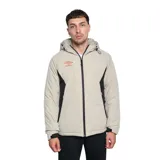 Campera azul con paneles laterales negros, cierre frontal con cremallera, capucha y logo de Umbro bordado en el pecho.