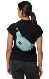 Riñonera JanSport Fifth Avenue negra con estampado de rayos blancos.