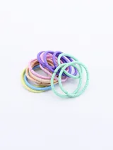 Pack de 12 gomitas de pelo elásticas de colores pastel con detalles brillantes.