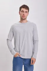 Remera manga larga gris claro, de corte recto y cuello redondo.