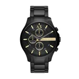 Reloj Armani Exchange de acero inoxidable color negro, con detalles dorados en la esfera y tres subesferas.