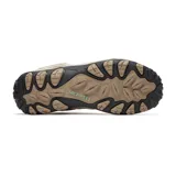 Botas de trekking de caña media Merrell Accentor 3 Mid WP, color beige con detalles en marrón y verde agua. Confeccionadas en ante y malla impermeable, con suela de goma adherente y cordones reciclados.