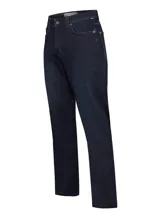Pantalón de jean azul oscuro, corte regular, tiro medio y ajuste con cierre y botón. Confeccionado con tecnología Natural Flex y fibras recicladas Repreve.