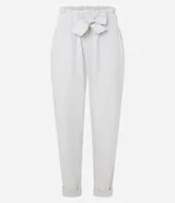 Pantalón carrot de sarga con cintura elástica, lazo en la cintura y estampado a rayas verticales en tonos grisáceos.