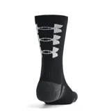 Pack de tres pares de medias deportivas Under Armour Performance Tech unisex, de caña media, color negro con detalles en gris y logo en blanco.