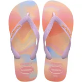 Ojotas Havaianas modelo Top Fashion, con estampa degradada en tonos pastel (naranja, rosado, celeste y lila) y tiras de goma color lila.
