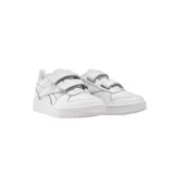 Zapatillas deportivas blancas con parte superior de cuero y malla, entresuela de EVA para amortiguación y suela de goma para tracción.