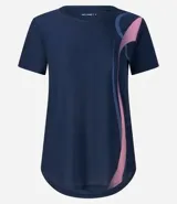 Remera deportiva azul con mangas cortas y estampado de ondas verticales en rosa y azul.