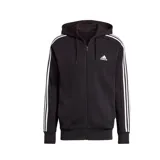 Campera Adidas Essentials French Terry de hombre, color negro con capucha y cierre completo. Diseño con tres rayas blancas en las mangas y logo Adidas bordado en el pecho.