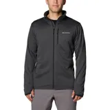 Campera polar Columbia Park View Fleece para hombre, color gris oscuro con textura. Cuenta con cierre frontal completo, cuello alto, bolsillos laterales con cierre, bolsillo en el pecho con cierre, puños elásticos con orificios para los pulgares y logo de Columbia bordado en el pecho.