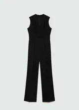 Mono largo negro de tejido fluido, con escote de pico, tirantes anchos y detalle cruzado en la cintura.