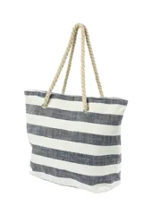 Bolso tipo tote bag con diseño a rayas horizontales rojas y blancas, con asas de soga.