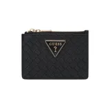 Billetera Guess modelo Alisha, color negro con textura tejida y logo triangular metálico en el frente. Cuenta con cierre superior con cremallera y compartimentos internos para tarjetas, billetes y monedas.