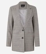 Blazer oversized con estampado de cuadros, cierre simple con dos botones, solapas de muesca y bolsillos delanteros con solapa.
