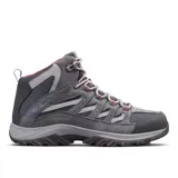 Bota de trekking de caña media Columbia Crestwood Mid Waterproof, color gris con detalles en rojo. Capellada de cuero, malla y cincha, con tecnología impermeable Omni-Tech.