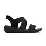 Sandalias Skechers Arya sin cordones, color negro, con tiras cruzadas elásticas y plantilla de confort Luxe Foam.