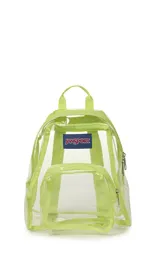 Mochila mini transparente con detalles en verde lima, logo de Jansport en el frente, asa de mano y correas ajustables.