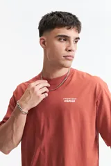 Remera color ladrillo de manga corta con corte oversize y estampado frontal con la frase "creative spark mistral".