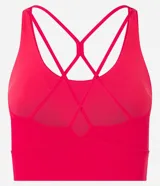 Top deportivo alargado color rojo, confeccionado en microfibra con escote en U, tiras finas cruzadas en la espalda y cintura ancha. Incluye copas removibles.