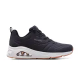 Championes Skechers Street Tres-Air Uno, color negro con detalles en rosa dorado. Capellada de cuero sintético con relieve, cordones, plantilla Air-Cooled Memory Foam y entresuela con triple cámara de aire visible Skech-Air.