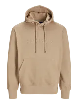 Hoodie tipo canguro color beige con capucha y cordones ajustables. Estampado en relieve con la palabra "ORIGINALS" y el logo de Jack & Jones en el pecho.