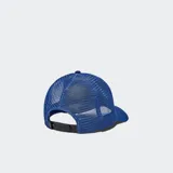 Gorro estructurado estilo camionero azul con paneles de malla y logotipo REEF bordado.