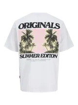 Camiseta blanca de algodón orgánico y poliéster reciclado, con cuello redondo y estampado en la espalda con palmeras y texto 'Originals Summer Edition'.