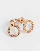 Aros pasantes circulares bañados en oro rosa con incrustaciones de strass multicolor.