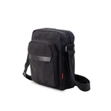 Morral bandolera negro de tela canvas con correa regulable. Tiene apertura superior con cierre, bolsillo frontal con cierre, bolsillos internos y bolsillo trasero con cierre.