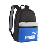Mochila Puma Phase Color Block unisex, con panel superior negro, bolsillo frontal blanco, panel inferior azul con logo Puma estampado en blanco y tiras grises.