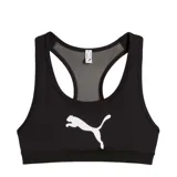 Top deportivo tipo sujetador (sports bra) Puma 4Keeps, color negro, con escote redondo y espalda tipo nadador (racerback) con panel de malla gris. Presenta el logo Puma grande en color blanco en el frente.