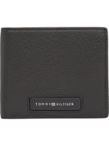 Billetera de cuero granulado negro, con diseño plegable y logo de Tommy Hilfiger en la parte inferior.