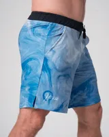 Short elástico de lycra con estampado abstracto en tonos azules, ideal para actividades acuáticas.