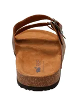 Sandalia de cuero color chocolate con doble hebilla ajustable y suela de goma.