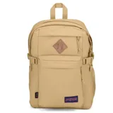 Mochila Jansport Main Campus color beige con múltiples compartimentos y bolsillo lateral de malla.