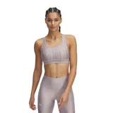Top deportivo Under Armour Mid Crossback Printed, color gris con estampado abstracto, espalda cruzada y logo de la marca en el frente.