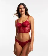 Corset rojo de encaje floral sin copa, con breteles dobles ajustables y varillas internas.