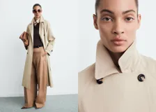 Abrigo largo estilo trench coat color beige, con doble botonadura, cuello de solapa ancha, manga larga con puños abotonados y cinturón desmontable. Presenta un diseño recto y oversize.