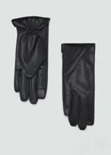 Guantes negros de efecto piel con forro interior y detalle fruncido en la muñeca.