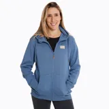 Buzo con capucha azul, con cremallera frontal, bolsillos delanteros abiertos, ribete en mangas y cintura, cordones ajustables en el gorro.