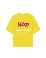 Remera celeste de corte recto y mangas cortas, con estampado en la espalda de cuatro raquetas de pádel rojas y texto en blanco "IBIZA RACKET ITTAI STARS".