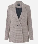 Blazer largo de poliéster con viscosa y elastano, con estampado de cuadros, cuello solapa, manga larga y cierre frontal con un botón.