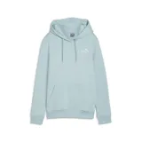 Buzo hoodie celeste de felpa con logo de Puma bordado en blanco en el pecho, capucha con cordones ajustables y bolsillo tipo canguro.