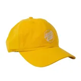 Gorro amarillo de algodón con visera curva y logo de Santa Cruz bordado en blanco en el frente.