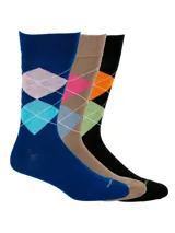 Pack de tres pares de calcetines de algodón con diseños de rombos en diferentes colores.