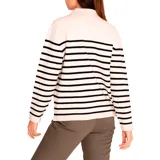 Sweater de punto color crema con rayas horizontales negras, cuello polo con escote en V y mangas largas.